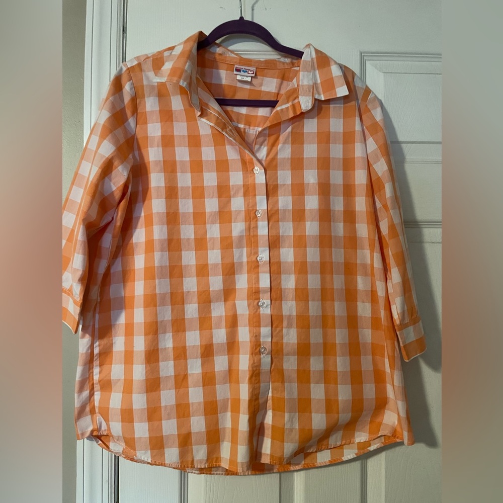 American Sweetheart gingham pale orange and white button down shirt. Size large.